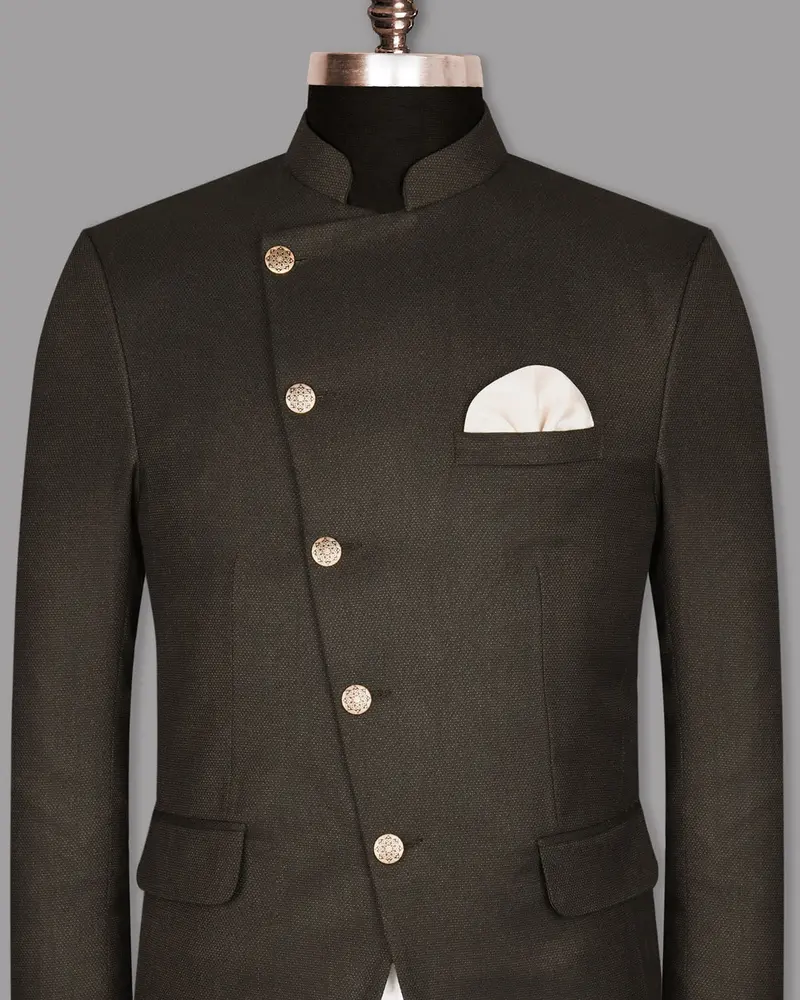 Coffee Brown Textured Cross Placket Bandhgala/Mandarin Wool Blend Blazer 2