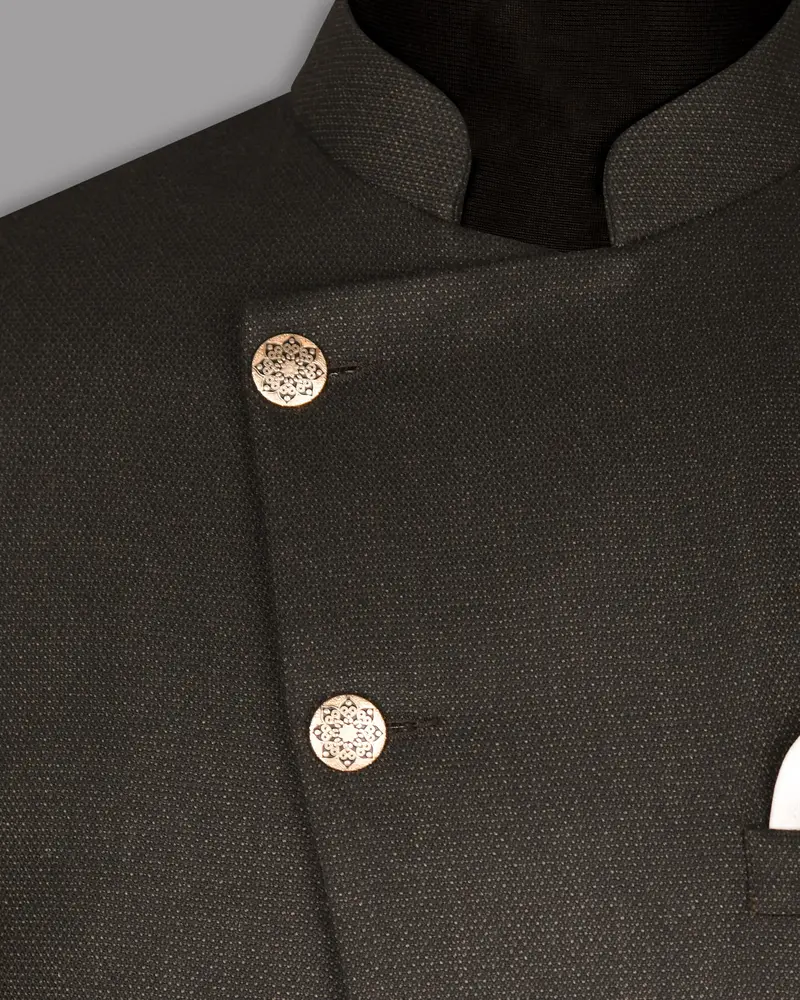 Coffee Brown Textured Cross Placket Bandhgala/Mandarin Wool Blend Blazer 4