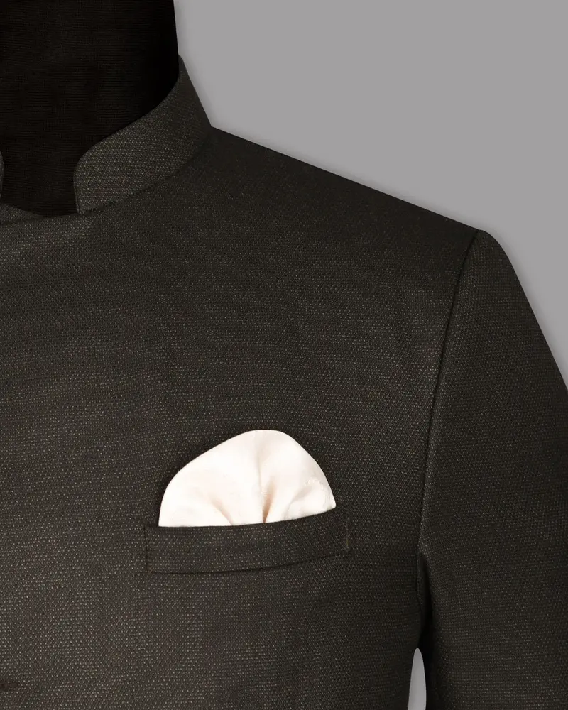 Coffee Brown Textured Cross Placket Bandhgala/Mandarin Wool Blend Blazer 5