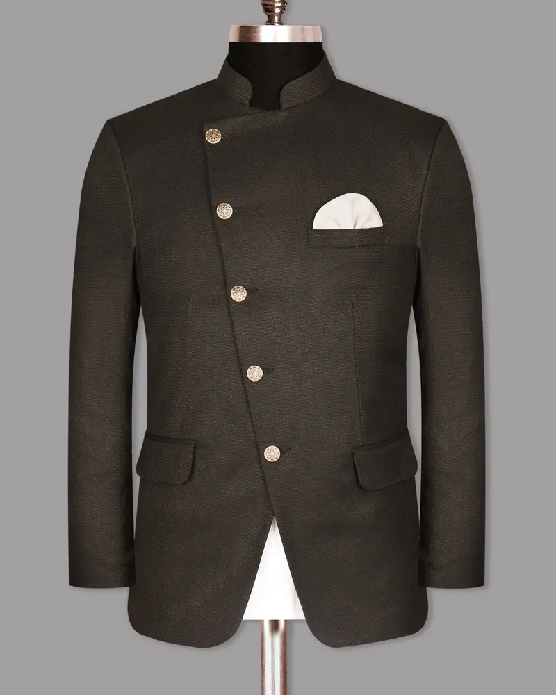 Coffee Brown Textured Cross Placket Bandhgala/Mandarin Wool Blend Blazer 7