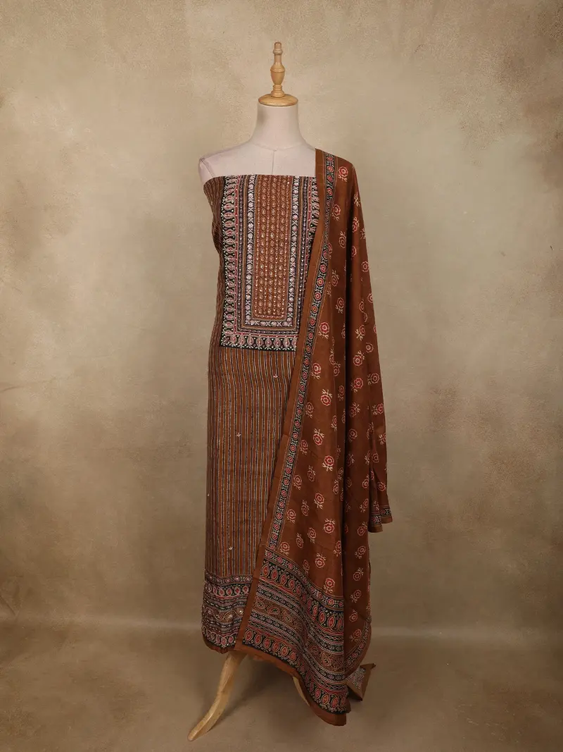 Coffee Brown Traditional Ajrakh Printed Design Cotton Unstitched Salwar Material With Dupatta 1