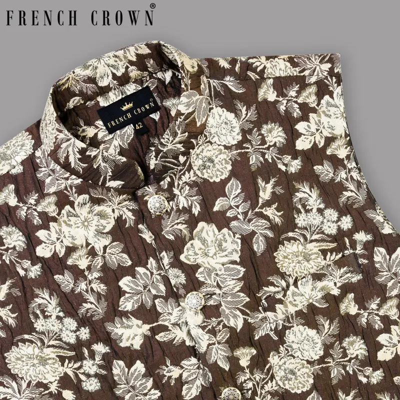 Coffee With Cream And Golden Flower Jacquard Textured  Designer Waistcoat 1