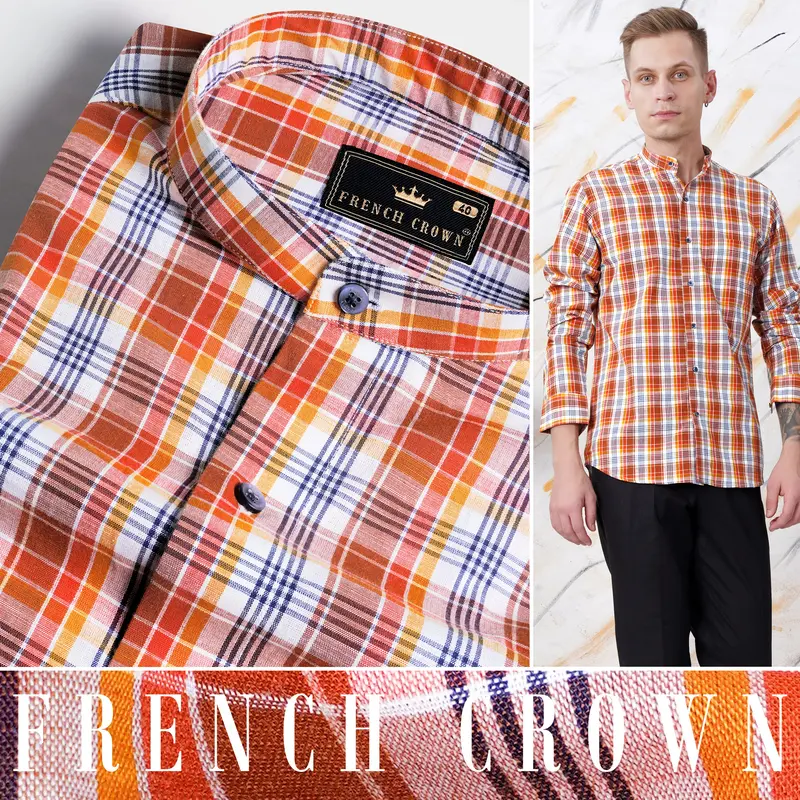 Cognac Brown And White Multicolour Checkered Premium Cotton Shirt 4