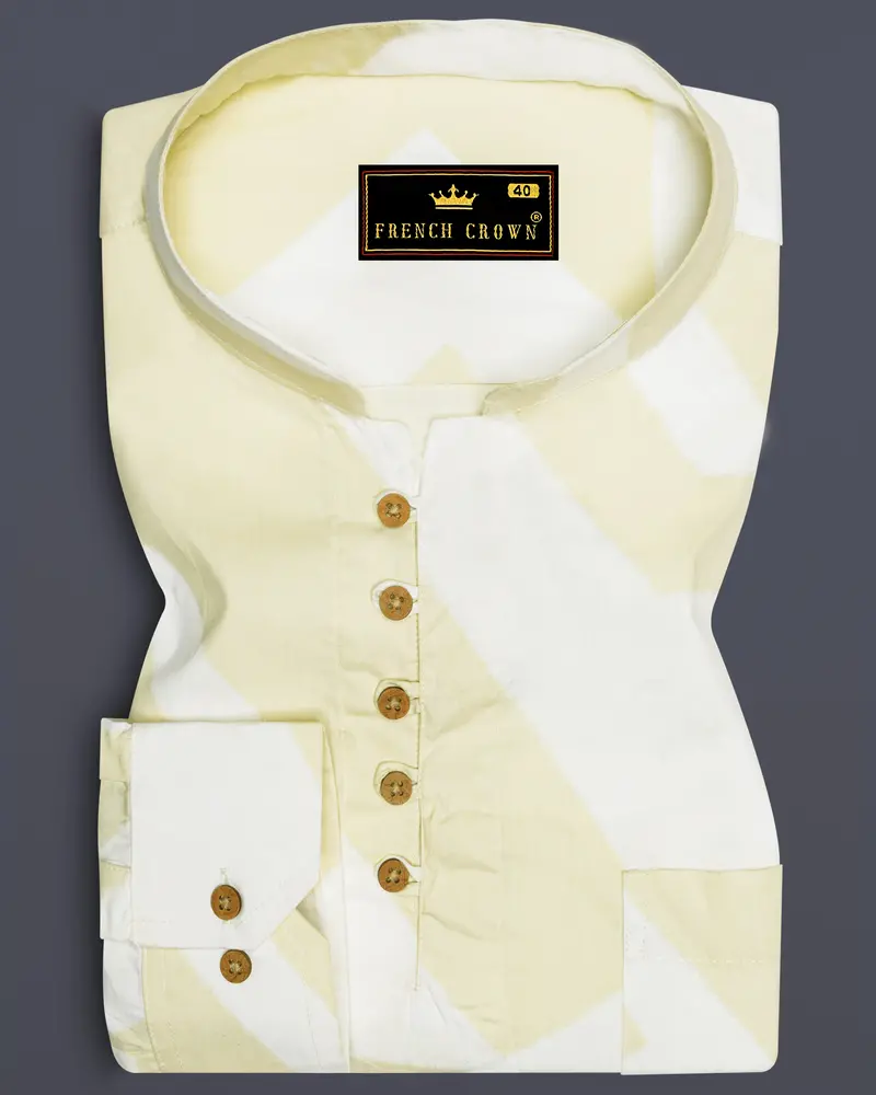 Colonial Yellow And White Abstract Printed Twill Premium Cotton Kurta Shirt 1