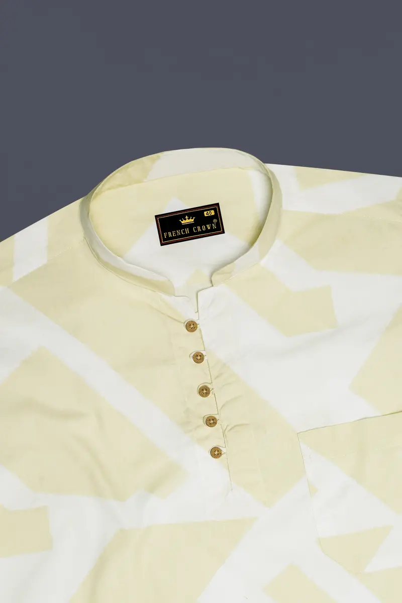 Colonial Yellow And White Abstract Printed Twill Premium Cotton Kurta Shirt 5