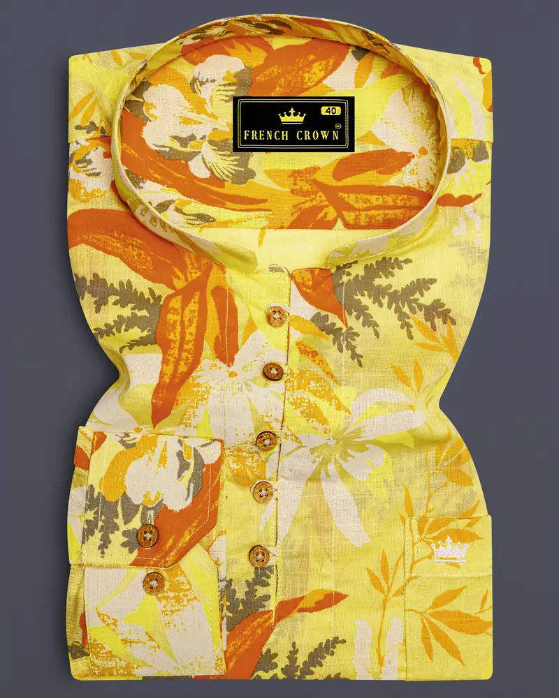 Colonial Yellow Multicolour Floral Printed Luxurious Linen Kurta Shirt 1