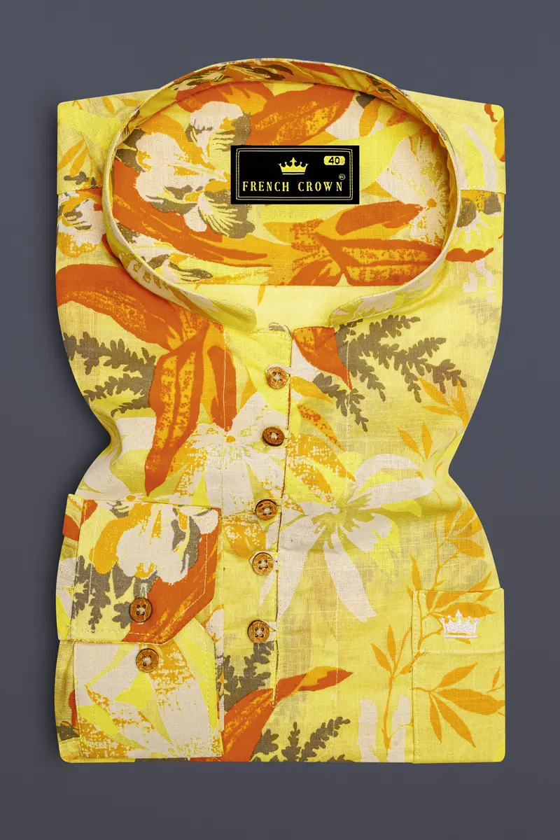 Colonial Yellow Multicolour Floral Printed Luxurious Linen Kurta Shirt 2