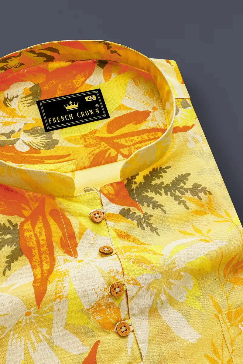 Colonial Yellow Multicolour Floral Printed Luxurious Linen Kurta Shirt 4