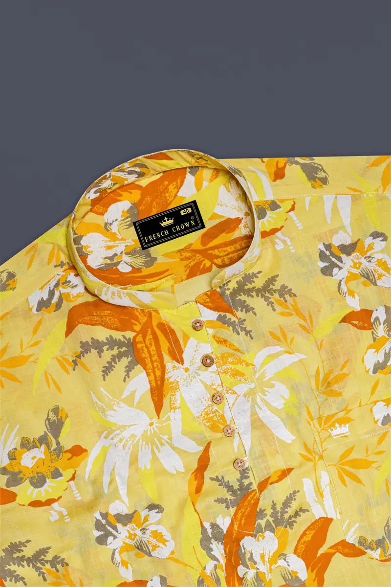 Colonial Yellow Multicolour Floral Printed Luxurious Linen Kurta Shirt 5