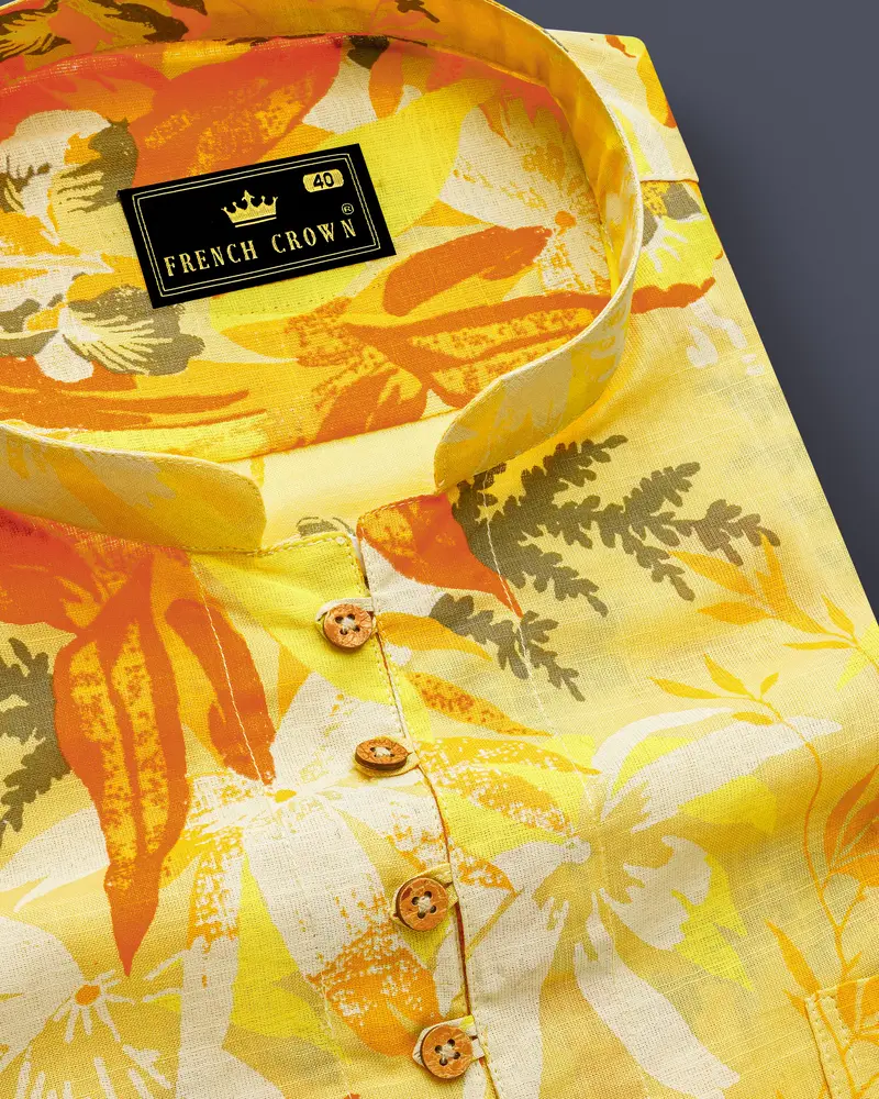 Colonial Yellow Multicolour Floral Printed Luxurious Linen Kurta Shirt 6