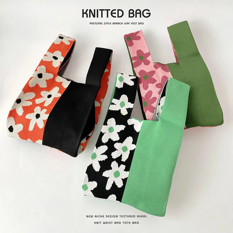 Colorblock Floral Knitted Tote Bag 1