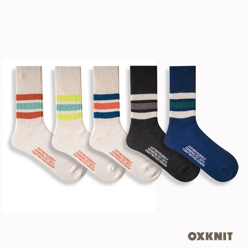 Combed Cotton Thickened Solid Color Striped Retro Long Socks 1