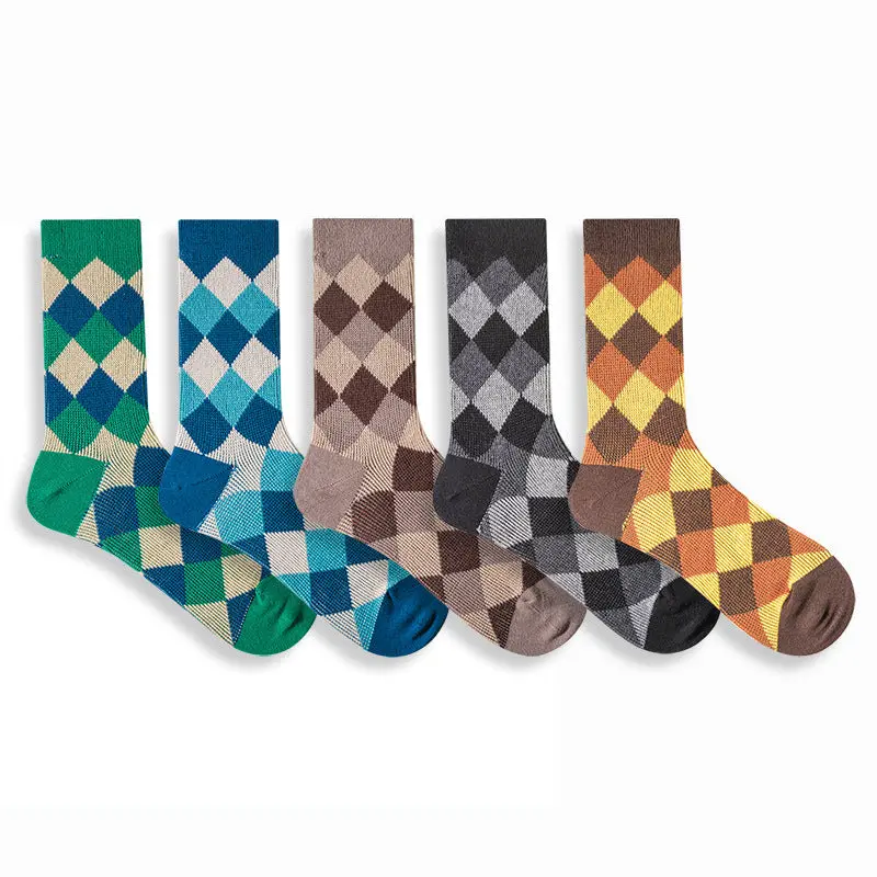 Combed Cotton Tube Socks Retro Diamond Lattice Trendy Stockings 1