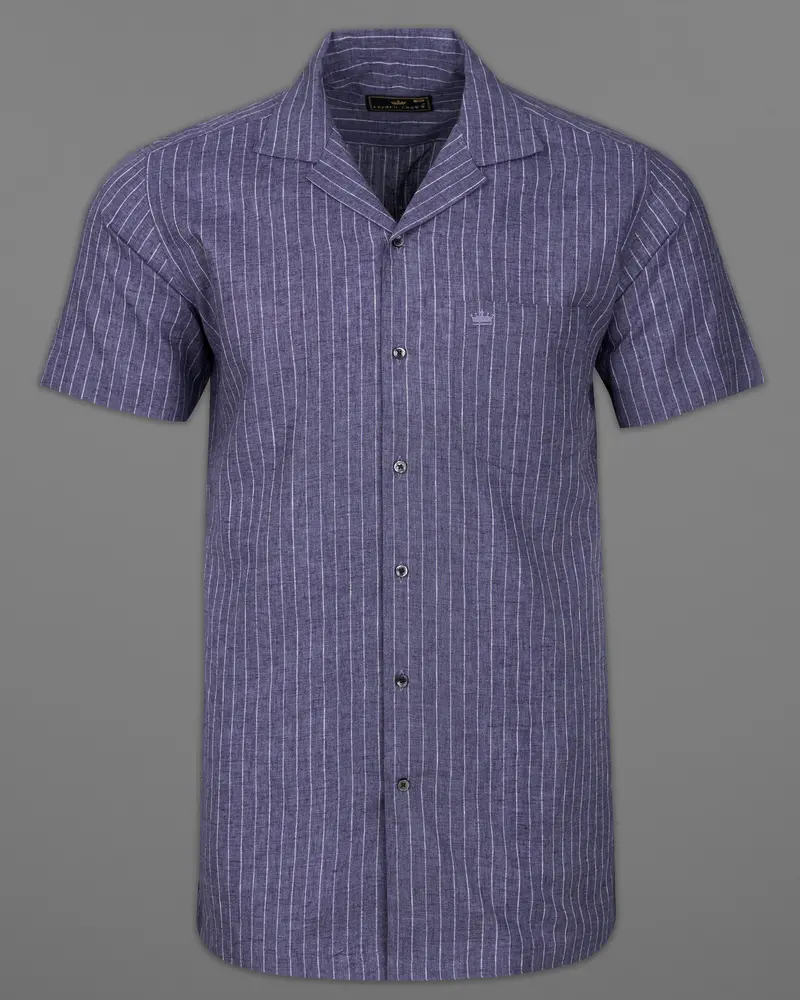 Comet Blue And White Striped Half-Sleeved Luxurious Linen Shirt 1