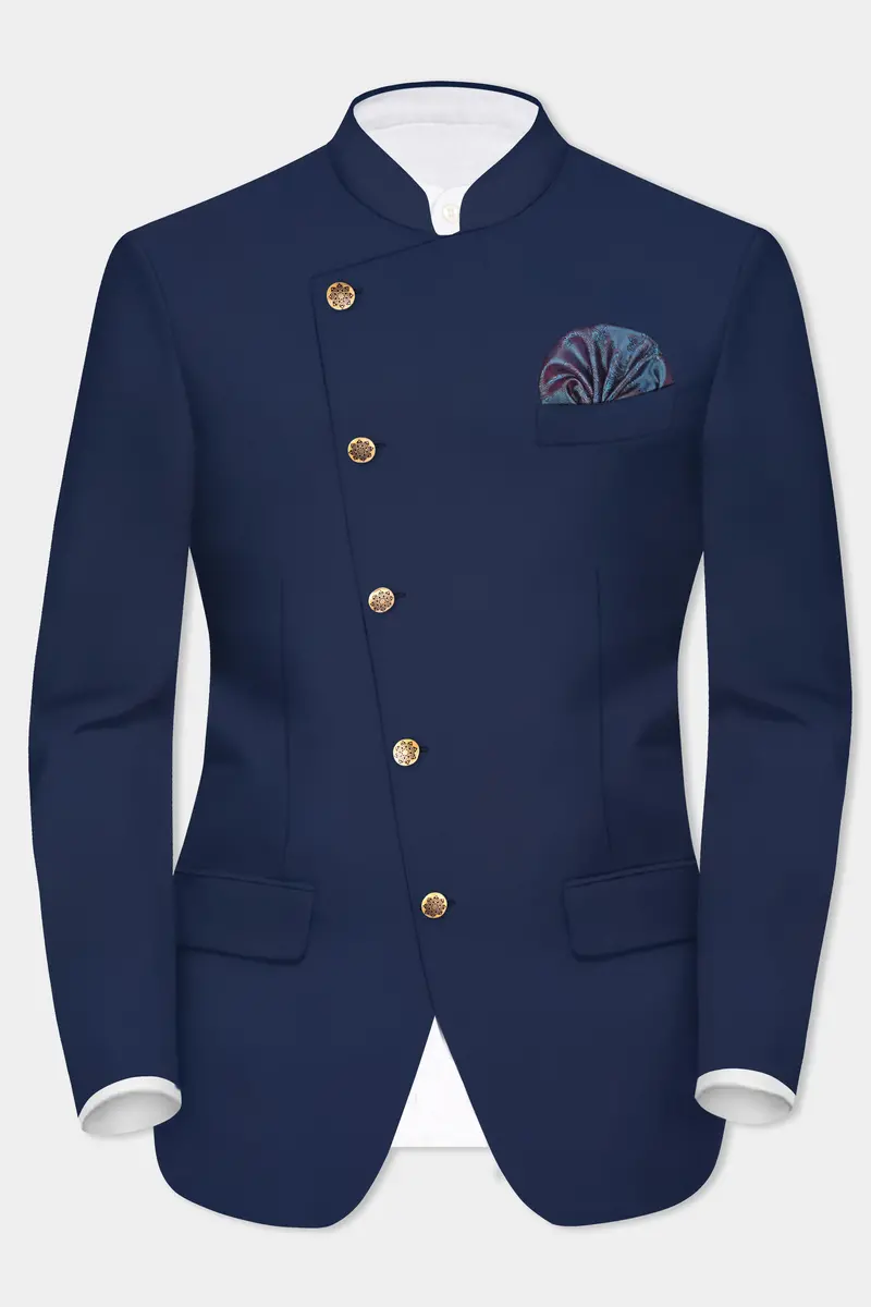 Comet Blue Solid Wool Rich Cross Placket Bandhgala Blazer 1
