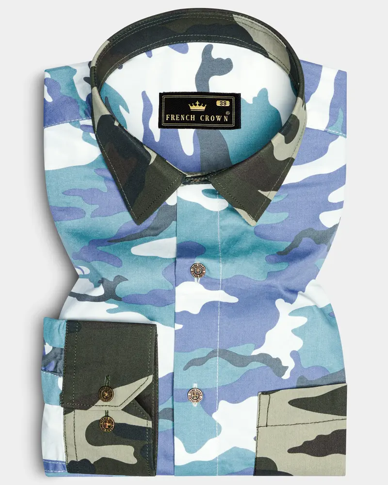 Comet Blue With Multicoloured  Camouflage Printed Royal Oxford Designer Shirt 1