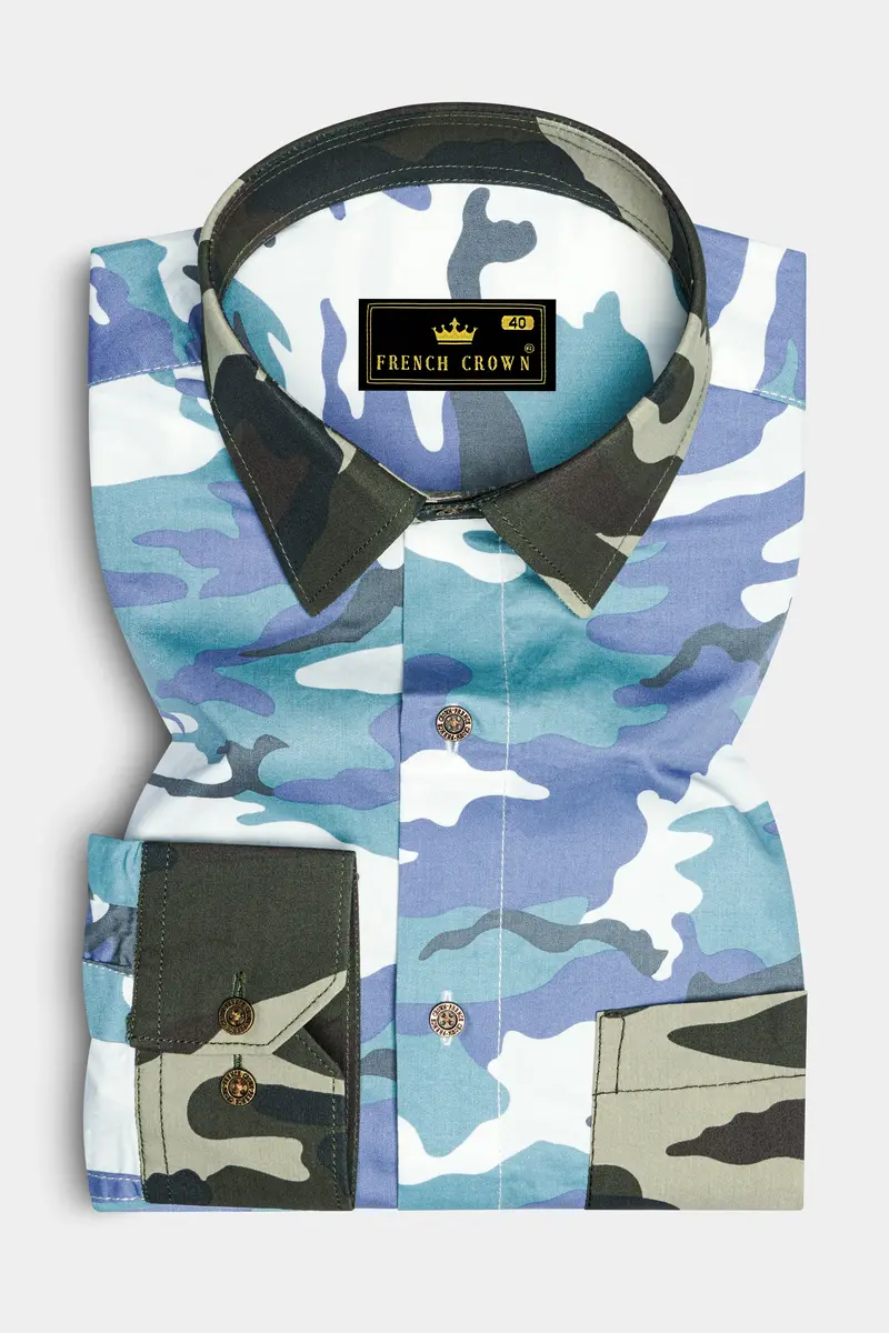 Comet Blue With Multicoloured Camouflage Printed Royal Oxford Designer Shirt 2
