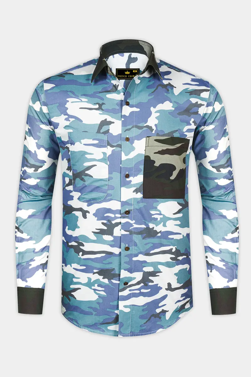 Comet Blue With Multicoloured Camouflage Printed Royal Oxford Designer Shirt 4