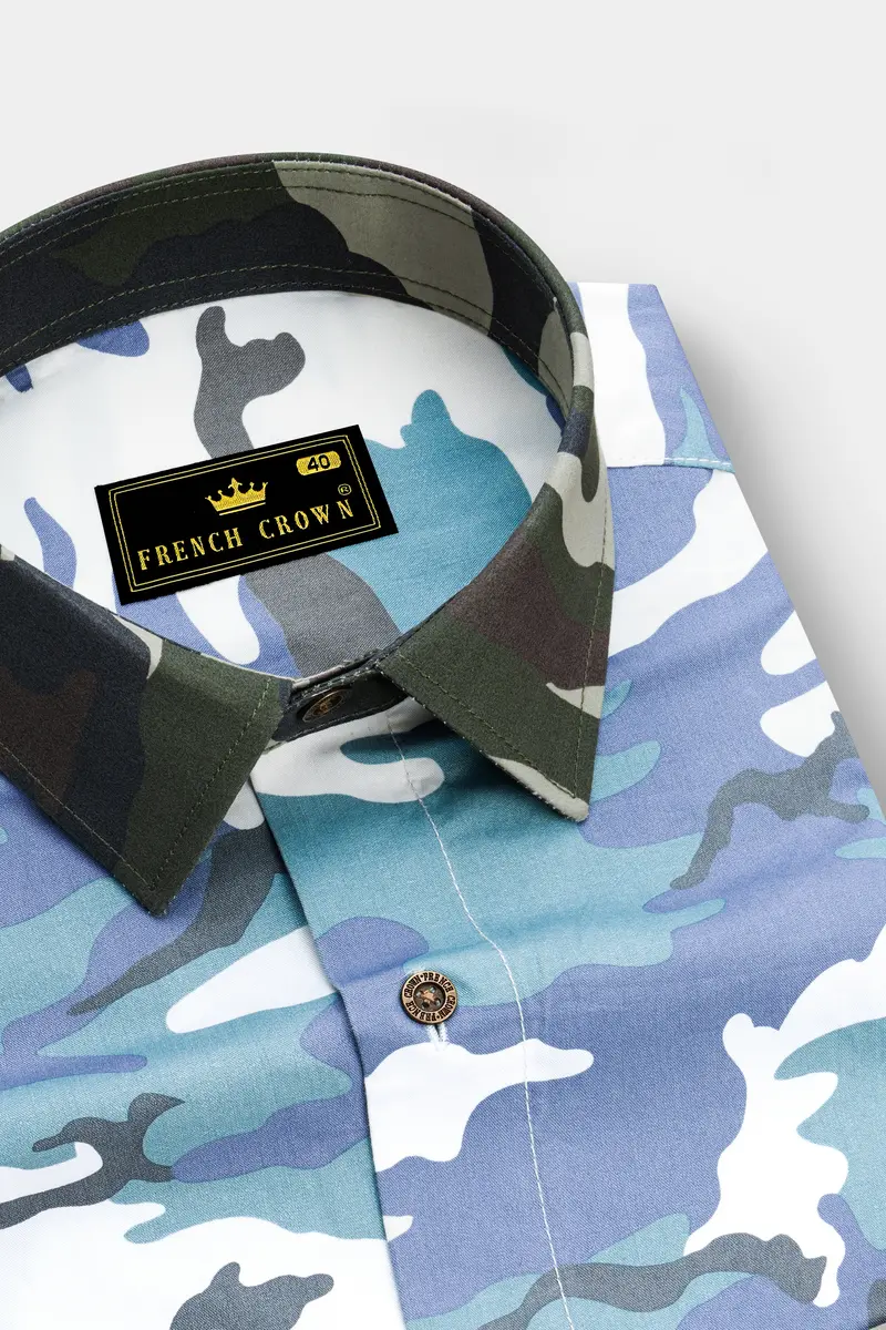 Comet Blue With Multicoloured Camouflage Printed Royal Oxford Designer Shirt 5