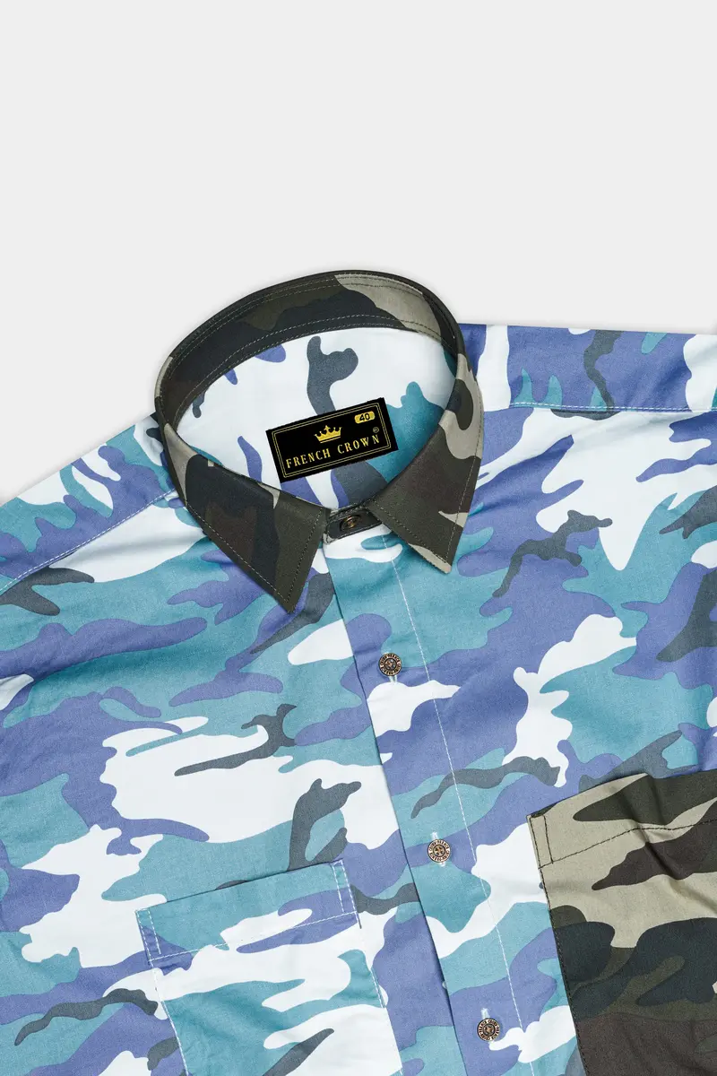 Comet Blue With Multicoloured Camouflage Printed Royal Oxford Designer Shirt 6