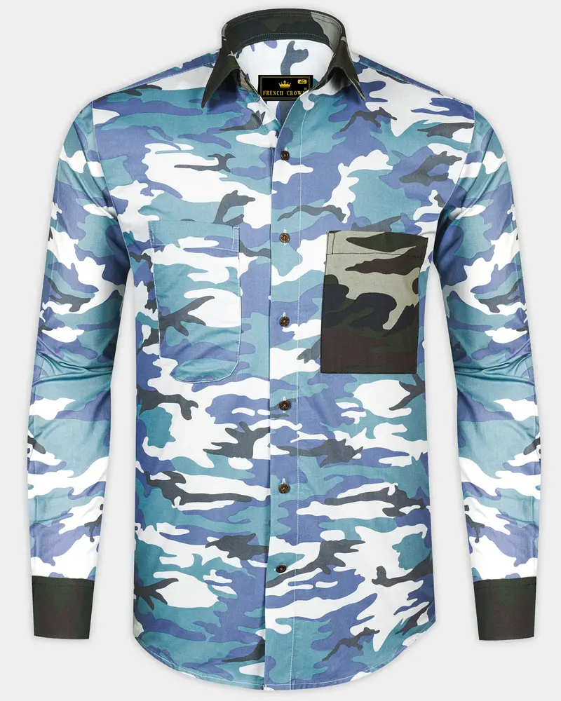 Comet Blue With Multicoloured Camouflage Printed Royal Oxford Designer Shirt 8