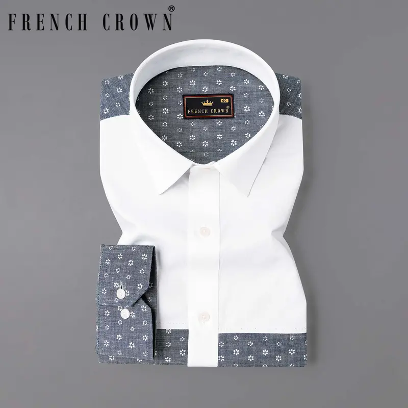 Comet Gray And Bright White Chambray Premium Cotton Designer Shirt 8