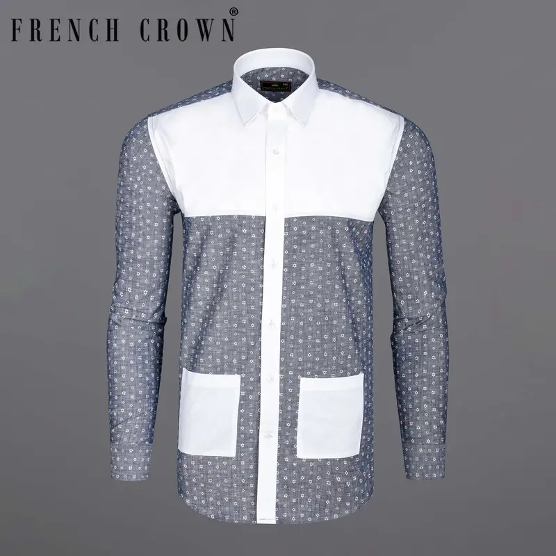Comet Gray And Bright White Chambray Premium Cotton Designer Shirt 9