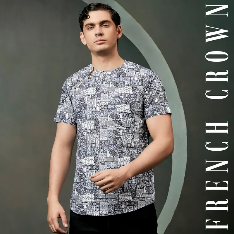 Comet Gray And Bright White Ethnic Motifs Printed Subtle Sheen Super Soft Premium Cotton Designer Shirt 1