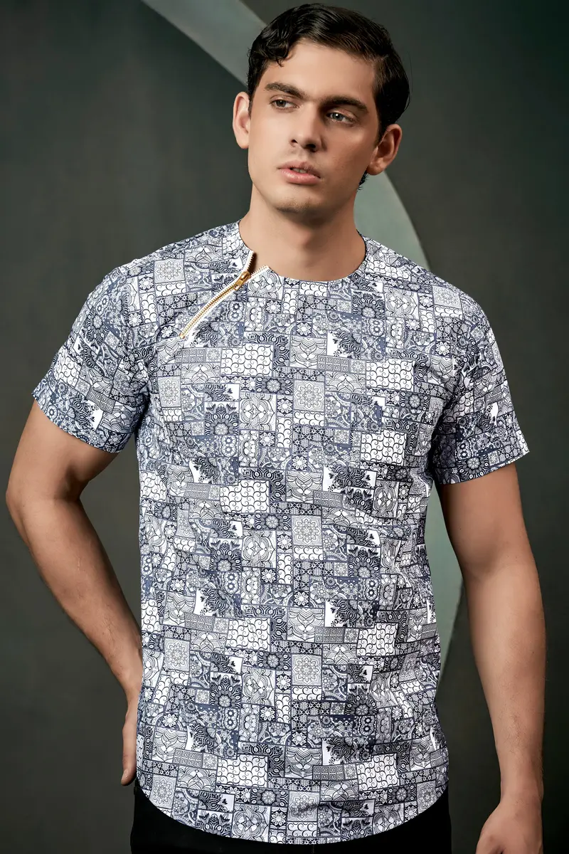 Comet Gray And Bright White Ethnic Motifs Printed Subtle Sheen Super Soft Premium Cotton Designer Shirt 2