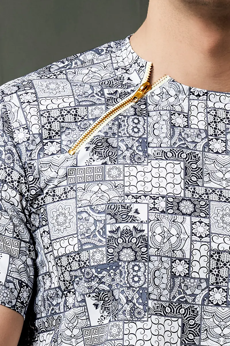 Comet Gray And Bright White Ethnic Motifs Printed Subtle Sheen Super Soft Premium Cotton Designer Shirt 4