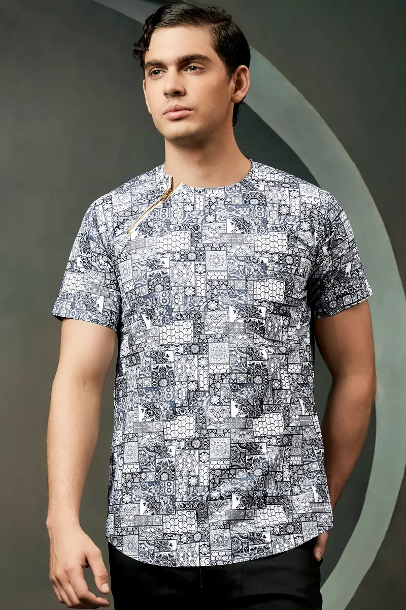 Comet Gray And Bright White Ethnic Motifs Printed Subtle Sheen Super Soft Premium Cotton Designer Shirt 5