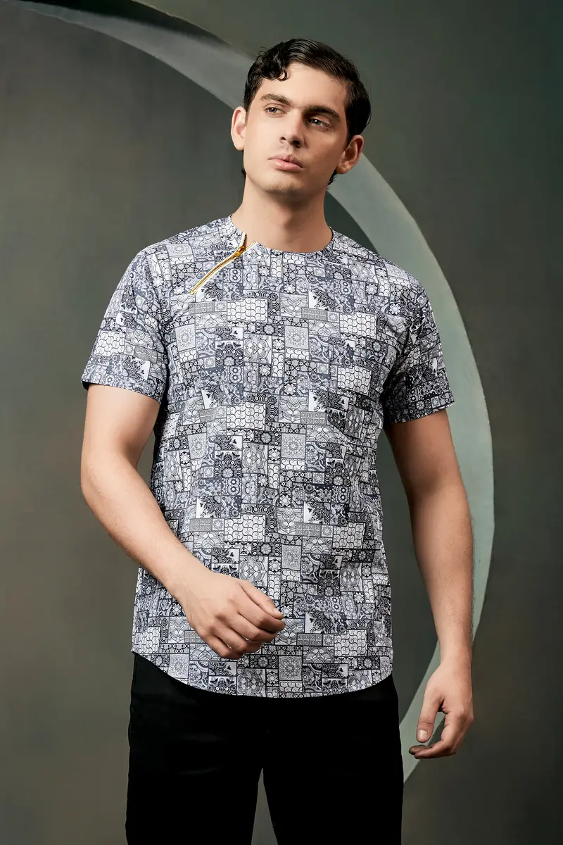 Comet Gray And Bright White Ethnic Motifs Printed Subtle Sheen Super Soft Premium Cotton Designer Shirt 6