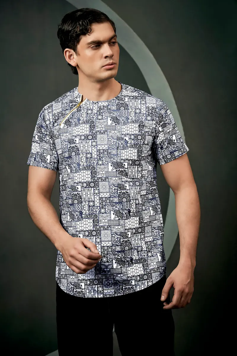 Comet Gray And Bright White Ethnic Motifs Printed Subtle Sheen Super Soft Premium Cotton Designer Shirt 7