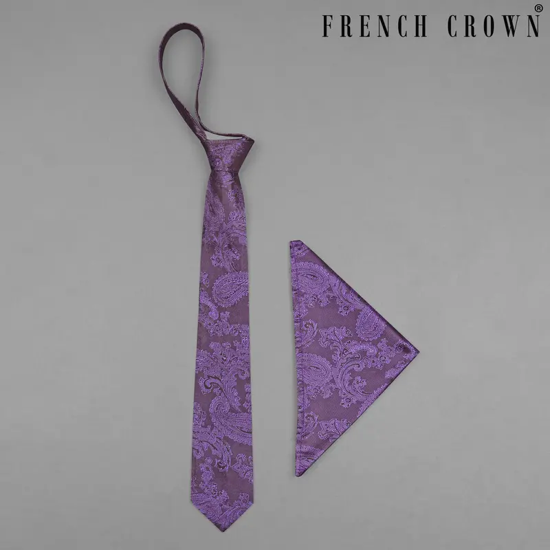Comet Purple And Zambezi Gray Two Tone Paisley Jacquard Tie With Pocket Square 1