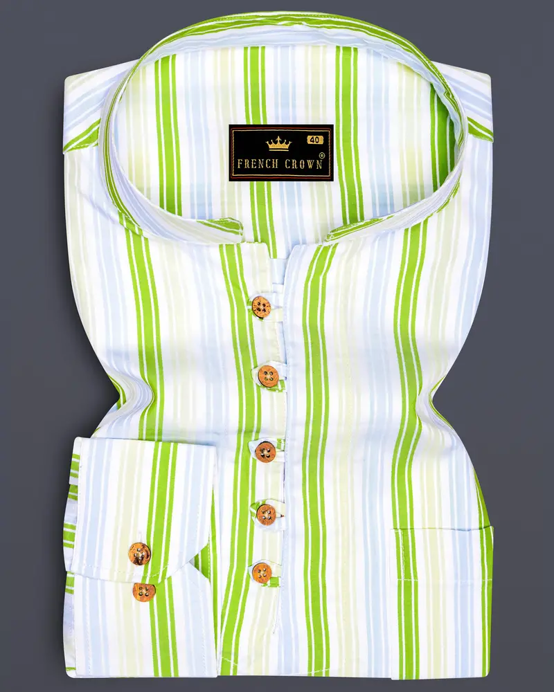 Conifer Green And Bright White Striped Dobby Textured Premium Giza Cotton Kurta Shirt 1