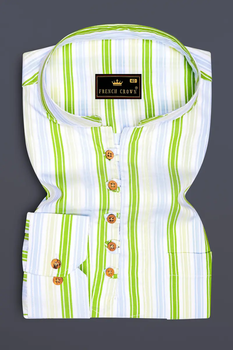 Conifer Green And Bright White Striped Dobby Textured Premium Giza Cotton Kurta Shirt 2