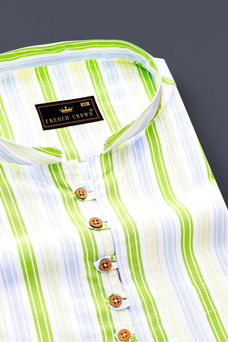 Conifer Green And Bright White Striped Dobby Textured Premium Giza Cotton Kurta Shirt 4