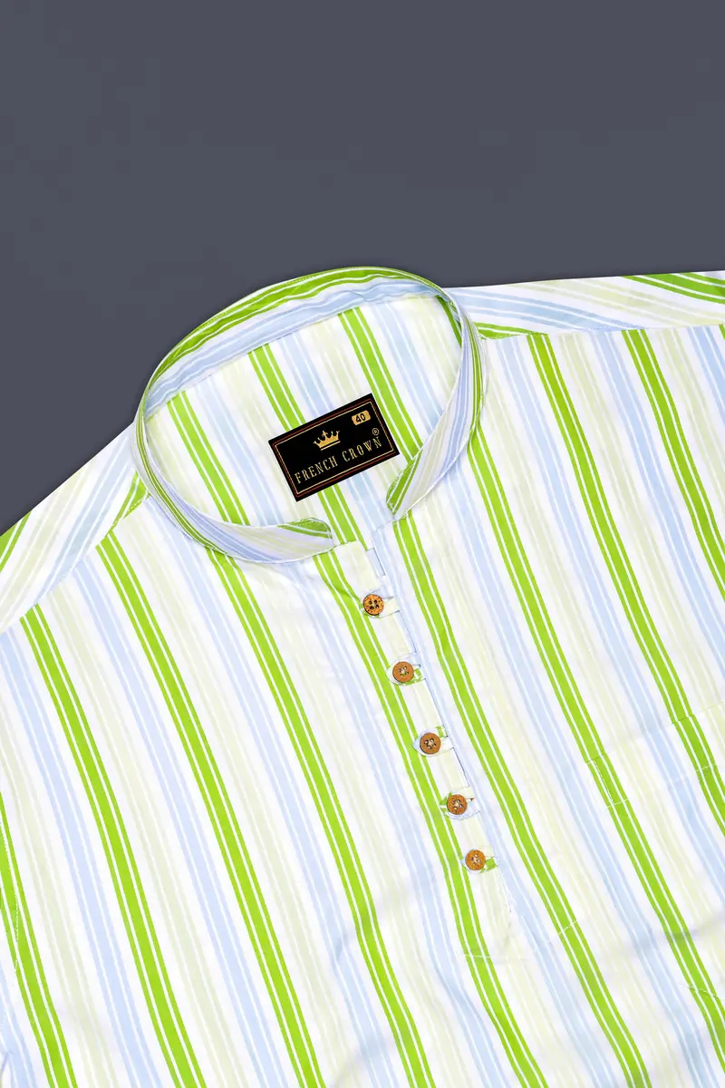 Conifer Green And Bright White Striped Dobby Textured Premium Giza Cotton Kurta Shirt 5