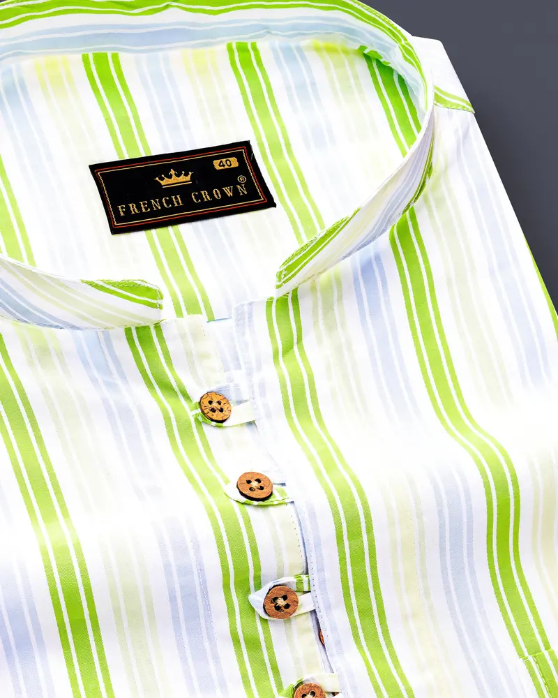 Conifer Green And Bright White Striped Dobby Textured Premium Giza Cotton Kurta Shirt 6