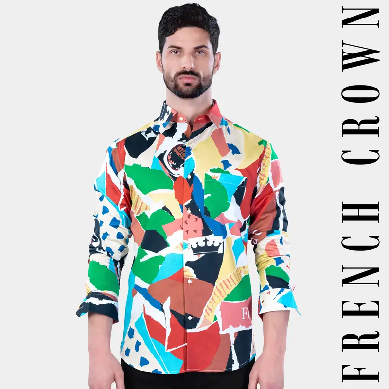 Contessa Peach With Aqua Blue And Salem Green Multicolour Abstract Printed Subtle Sheen Super Soft Premium Cotton Designer Shirt 1
