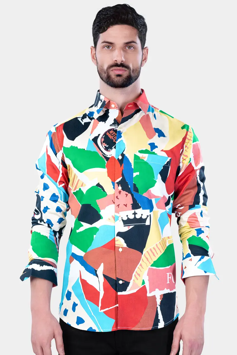 Contessa Peach With Aqua Blue And Salem Green Multicolour Abstract Printed Subtle Sheen Super Soft Premium Cotton Designer Shirt 2