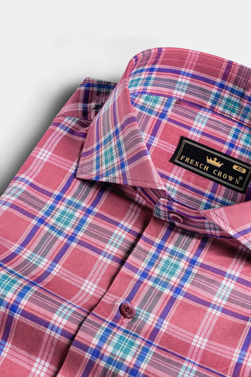 Contessa Pink With Eminence Purple And Bondi Green Twill Plaid Premium Cotton Shirt 1