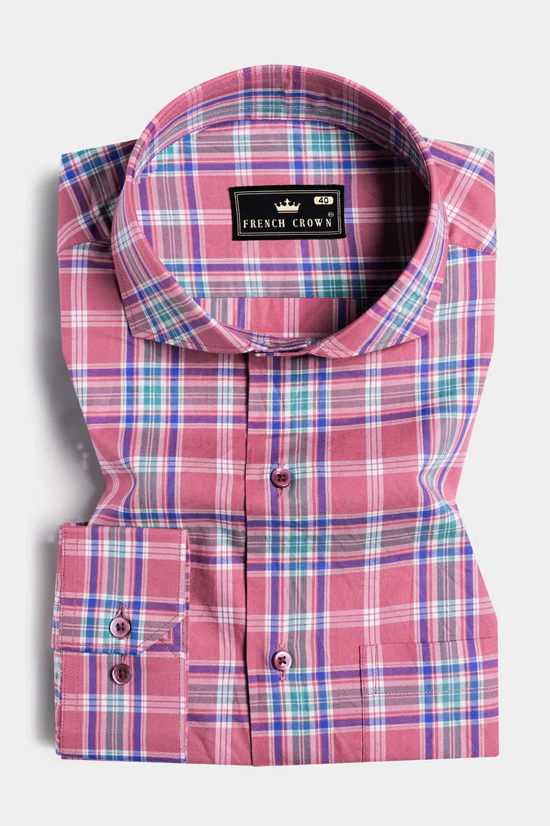 Contessa Pink With Eminence Purple And Bondi Green Twill Plaid Premium Cotton Shirt 3