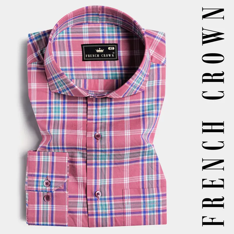 Contessa Pink With Eminence Purple And Bondi Green Twill Plaid Premium Cotton Shirt 4