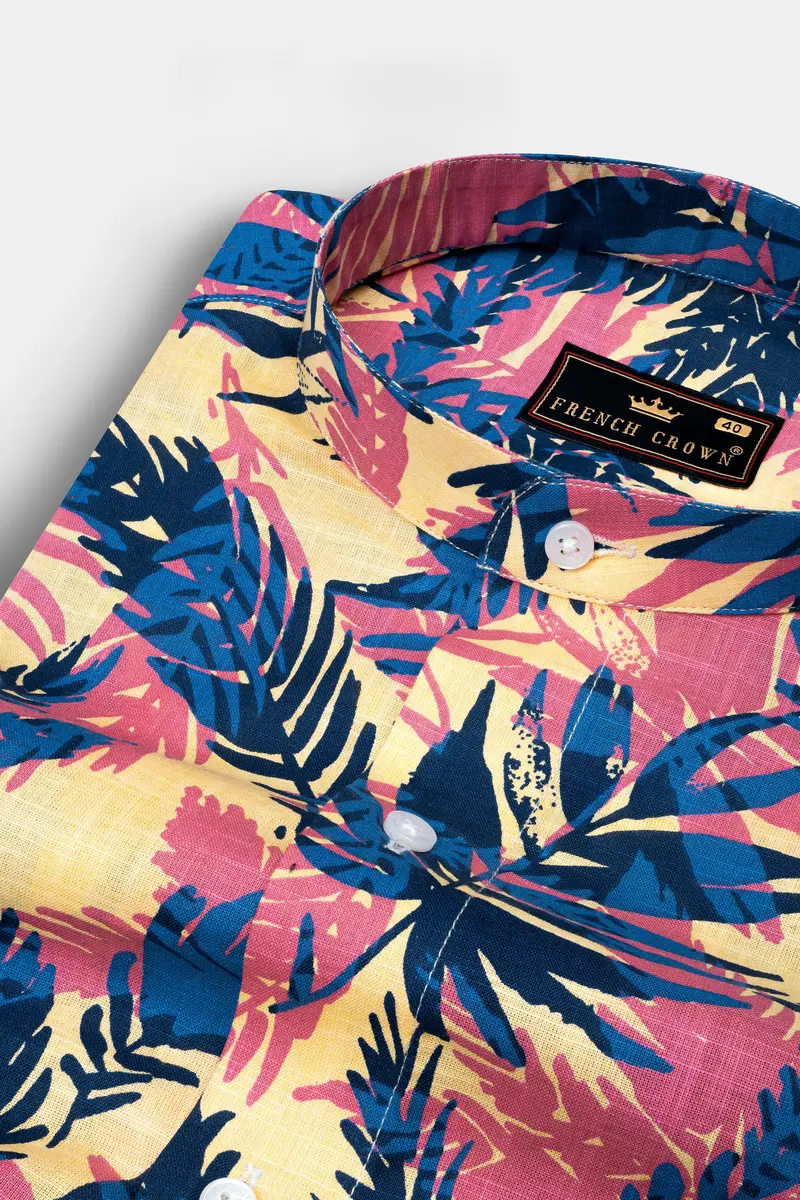 Contessa Red And Regal Blue Wild Leaf Printed Chambray Giza Cotton Casual Shirt 1