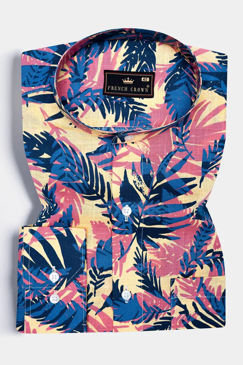 Contessa Red And Regal Blue Wild Leaf Printed Chambray Giza Cotton Casual Shirt 3