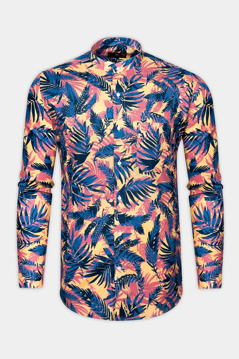 Contessa Red And Regal Blue Wild Leaf Printed Chambray Giza Cotton Casual Shirt 4