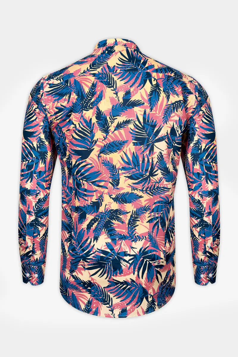 Contessa Red And Regal Blue Wild Leaf Printed Chambray Giza Cotton Casual Shirt 5