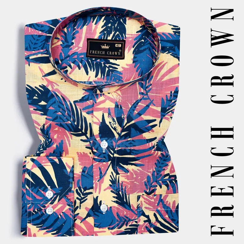 Contessa Red And Regal Blue Wild Leaf Printed Chambray Giza Cotton Casual Shirt 6