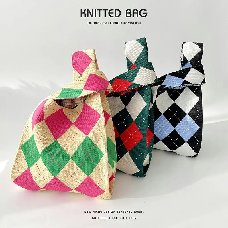 Contrast Color Diamond Knitted Shoulder Handbag 1